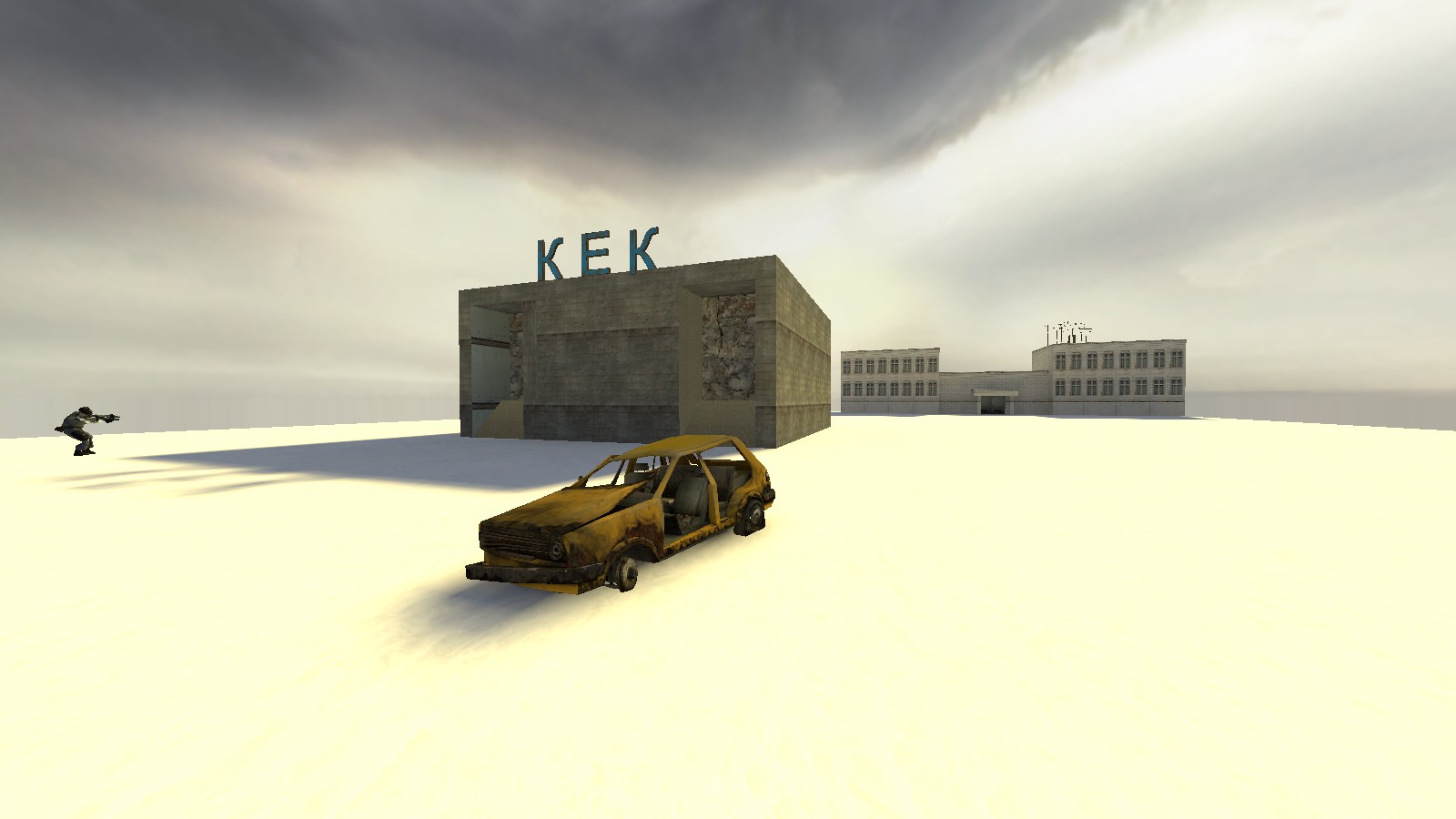 gray building with a 'kek' sign on top
								near the camera, and further behind it a wider white building